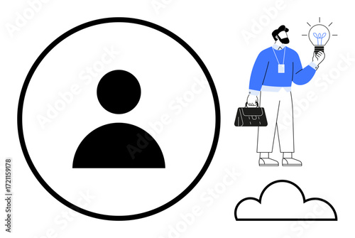 Profile symbol paired with a man holding a lightbulb and carrying a briefcase. Ideal for user profiles, creativity, business solutions, leadership, brainstorming, cloud technology, simple flat
