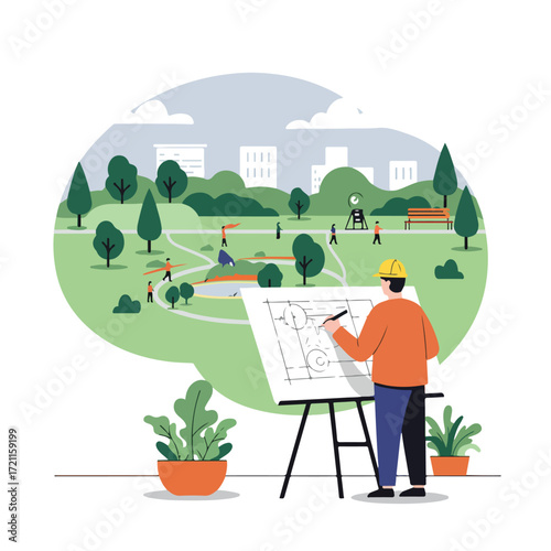 Engineer drawing plans with park backdrop