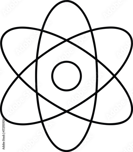 Vector icon of a stylized atom symbol on a white or black background, illustrating the fundamental concepts of atomic science, chemistry, and nuclear energy