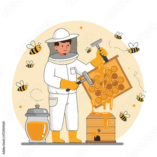 Beekeeper extracting honey from honeycomb using tools, bees flying, jar nearby