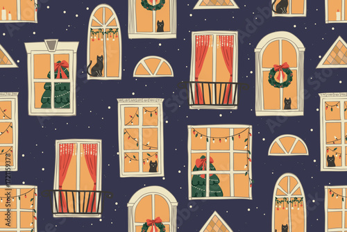 Seamless pattern with windows in christmas night, cute winter background with xmas tree and cat. Vector hand drawn illustration