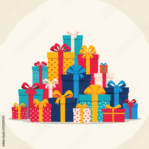 A colorful pile of wrapped gift boxes with ribbons and bows for special occasions.