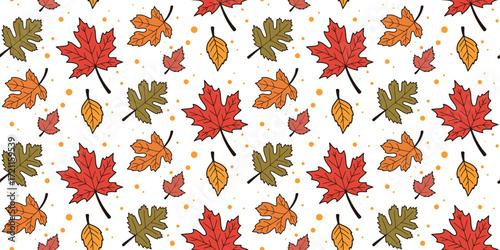 A seamless pattern with vibrant autumn leaves of maple, oak, and ash in red, orange, and green. Design for wallpaper, textiles, and packaging.