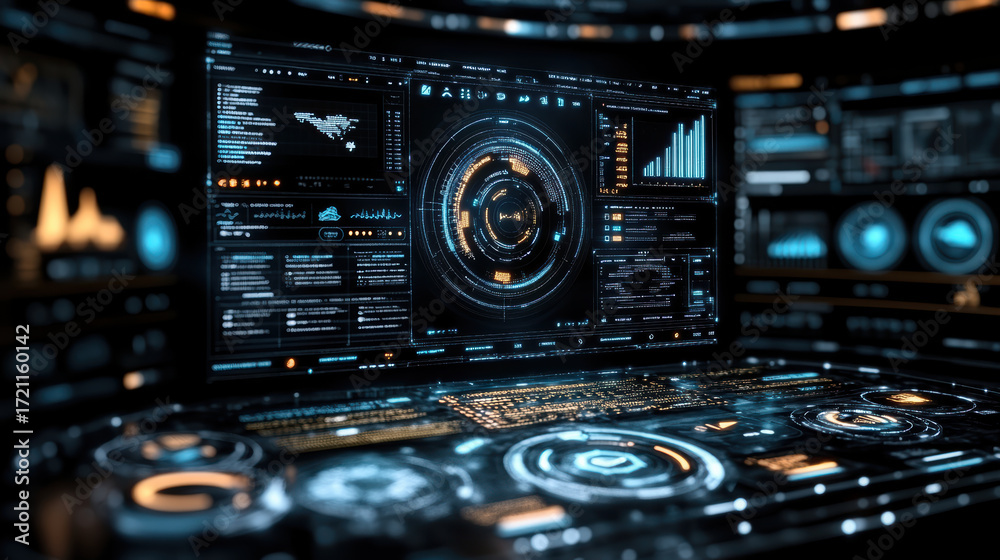 Obraz premium High tech digital workspace with user interface elements, data visualization, and analytics