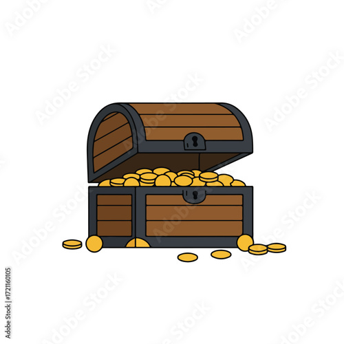 Treasure chest cartoon filled with gold coins, open lid and coins around