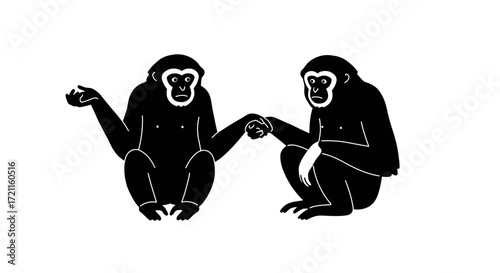 Two white cheeked gibbons holding hands sitting together looking curious and engaging