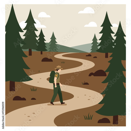 Flat illustration of ranger on winding path through forest with fir trees