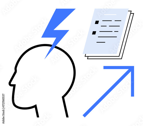 Head silhouette energized by lightning bolt, papers with text, and upward arrow representing creativity, planning, and progress. Ideal for innovation, productivity, brainstorming, growth vision