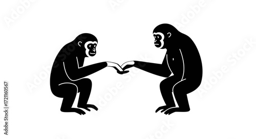 Two black gibbons interacting with their hands shown in a simple outline style animal art