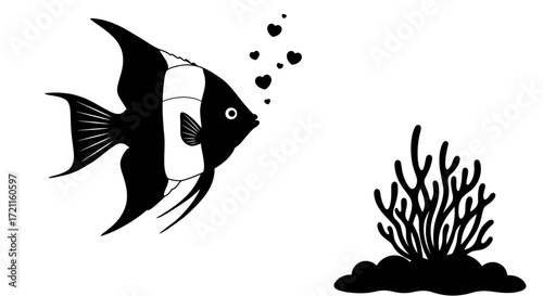 Angelfish swimming near coral reef underwater scene aquatic life bubbles