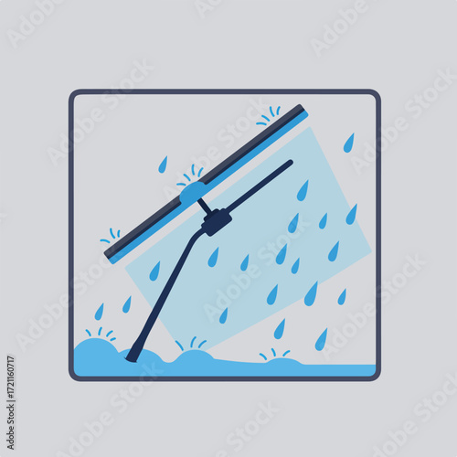 A blue squeegee cleans a window, with water droplets around it, framed