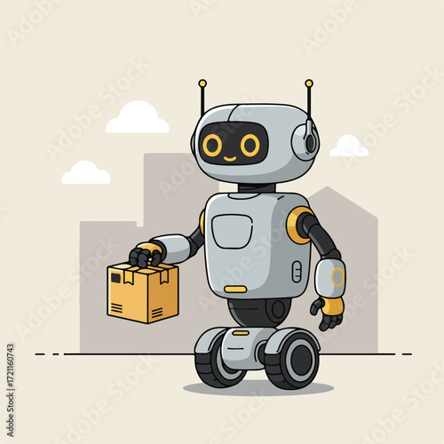 Robot delivers package in the city, clouds above, neutral background