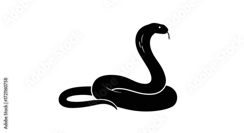 Silhouette of a cobra snake in striking pose with tongue out ready to attack against a white backdrop