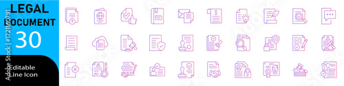 Legal Document icon set in line vector style with modern minimal design showing law, contract, agreement, signature, court, justice, paperwork, legal process and official record concepts