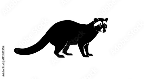 Silhouette of a raccoon standing on four legs isolated on a white canvas ready for design projects