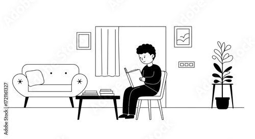Young person reading a book indoors cozy living room couch coffee table window plant art