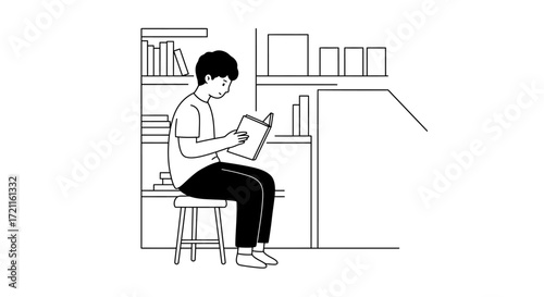 Young man engrossed in reading a book while sitting on a stool beside bookshelves knowledge and learning concept