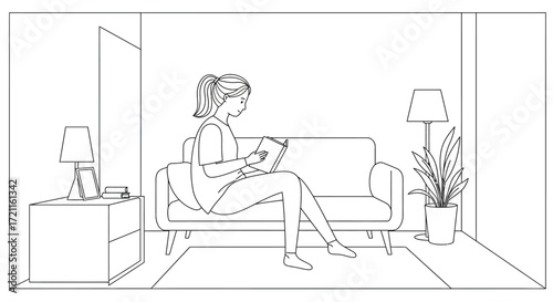 Woman relaxing on a couch reading a book in a cozy well-lit living room scene