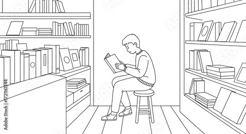 Person reading book sitting on stool in bookstore surrounded by shelves of books