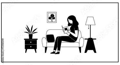 Cozy ambiance woman reading book on sofa beside table lamp and plant enjoying leisure time