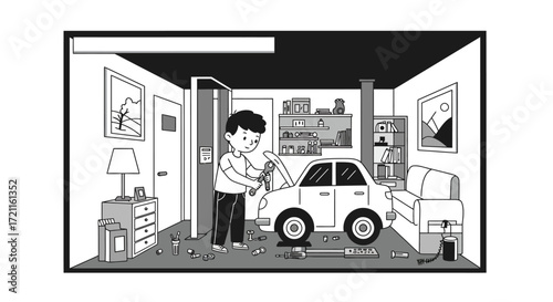 Man preparing to park small car indoors inside a garage with shelves and furniture