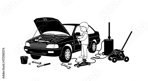 Mechanic working on open hood car with tools and equipment for auto repair service garage