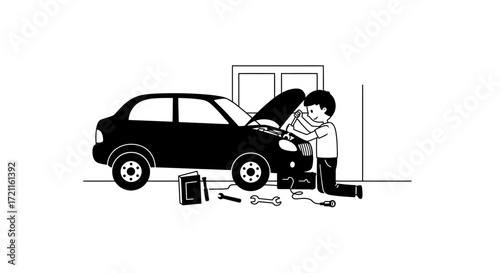 Mechanic inspecting car engine under open hood automotive repair garage scene