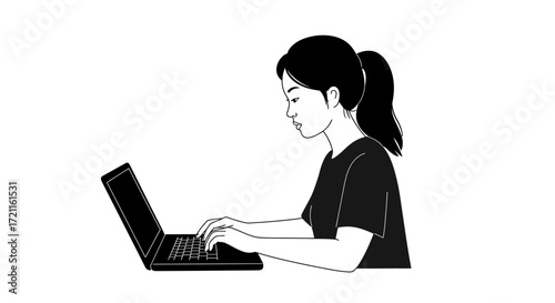 Focused young woman typing on laptop in profile view study work concentration modern technology