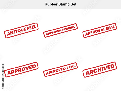 Set of Six Rubber Stamps with Approval and Archival Seals Isolated on White
