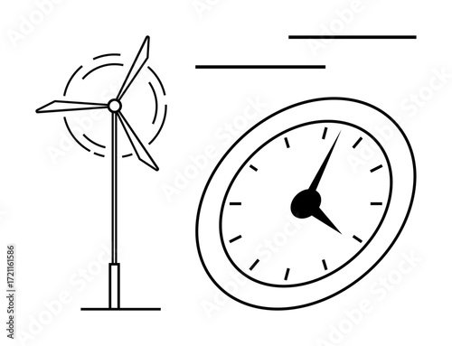Wind turbine and clock highlight renewable energy, efficiency, and time connection. Ideal for sustainability, clean energy, environmental awareness, eco-friendly solutions, time optimization