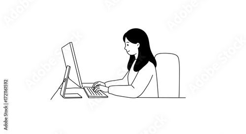 Focused young woman typing on a computer screen with a sketch-like artistic rendering on a white backdrop