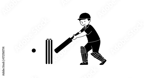 Young child playing cricket batting the ball with a bat and stumps in a sport scene