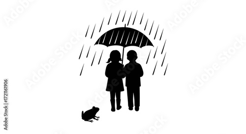 Children sharing umbrella in rain with frog silhouette symbolizing companionship and nature