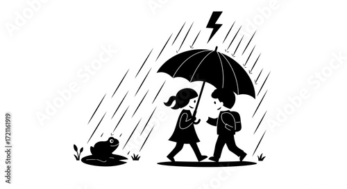 Children sharing umbrella in rain with lightning bolt and frog in puddle a heartwarming scene
