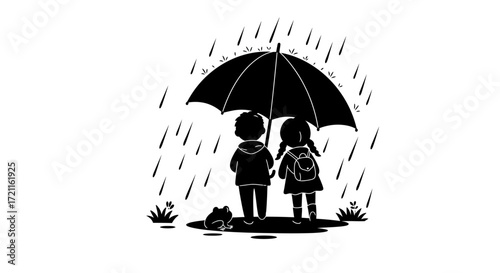 Children share umbrella under rainstorm outdoors together cherishing sweet moment
