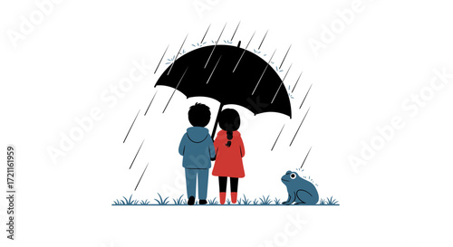 Children under umbrella during rainfall with a frog nearby delightful scene representing protection and companionship