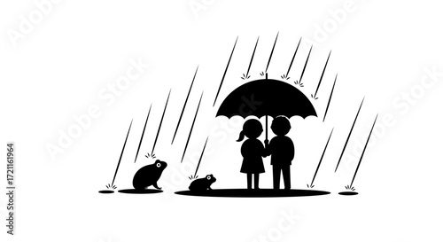 Couple holding umbrella under rain with pets a romantic silhouette scene