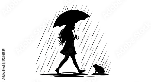 Girl with umbrella and cat walking in rainy weather silhouette artistic scene
