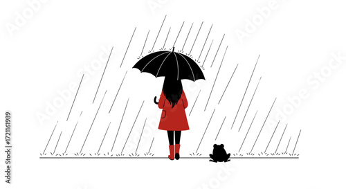 Solitary figure under umbrella navigating gentle rainfall with companion nearby artistic representation