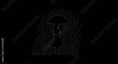 Silhouette of a person holding an umbrella in a rainstorm