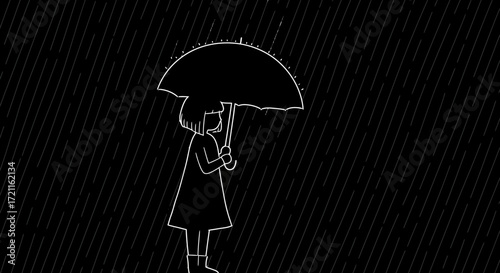 Whimsical outline drawing of a person holding an umbrella under the rain