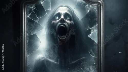 A terrifying woman's face in a broken mirror