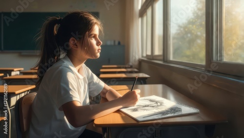 A thoughtful child drawing in class