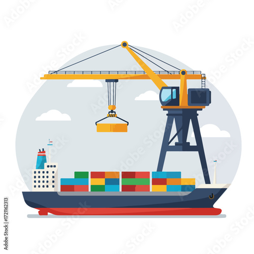 Crane unloads container from cargo ship at port, under a cloudy sky