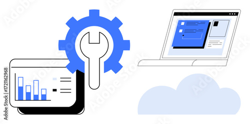 Gear with wrench, analytics dashboard, and laptop networked via cloud. Ideal for technology, software, cloud computing, analytics, IT solutions data processing and innovation. Simple flat metaphor
