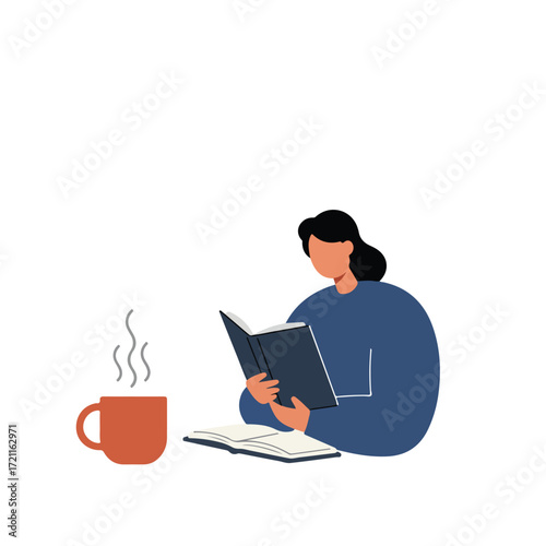 Woman reading a book next to a steaming mug and an open book on a surface
