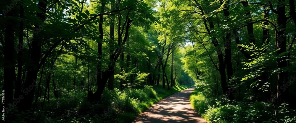 Fototapeta premium Sun-dappled forest path, lush green foliage, dappled light, environment, visual