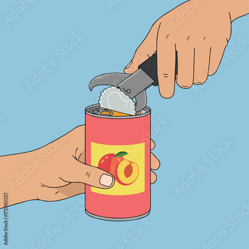 Hands using can opener on canned peaches, light blue background, outlined illustration