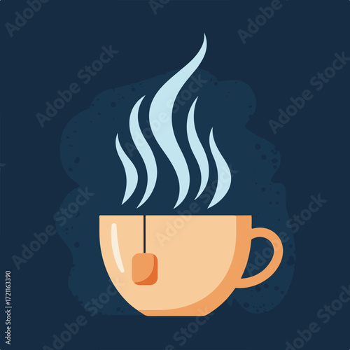 Steaming mug of tea on dark background