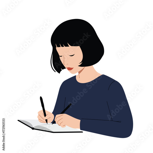 Woman with bob haircut writing in a notebook with a pen in each hand